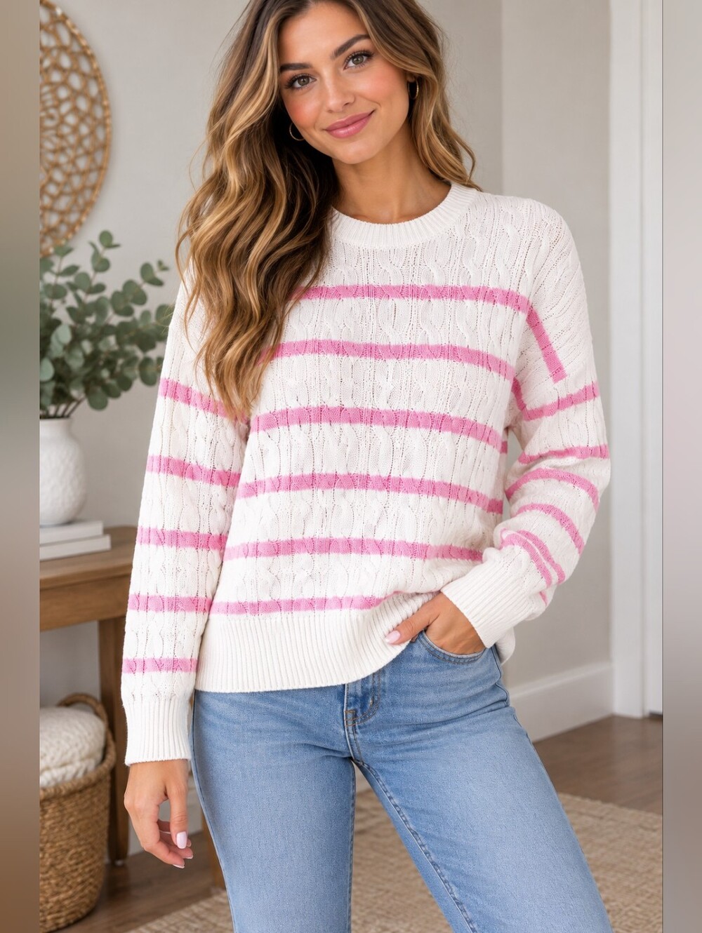 JNY Jones New York Pink White Striped Cable Knit Sweater XL